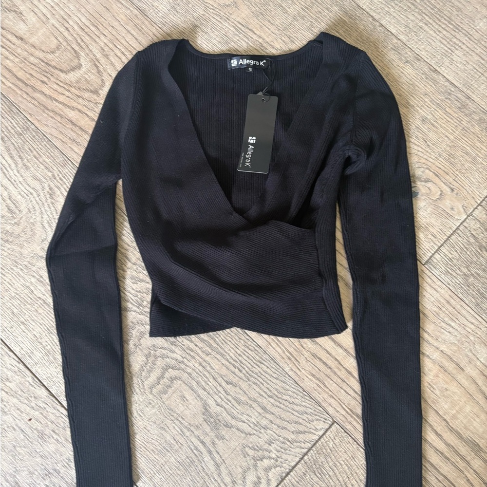 Allegra K wrap v-neck crop top in black.